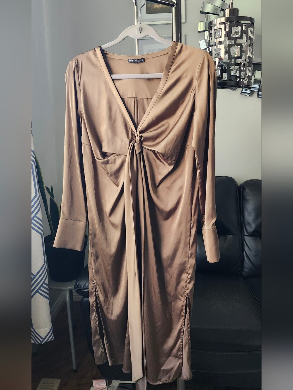 Zara Satin Twist-Front Midi Dress in Bronze